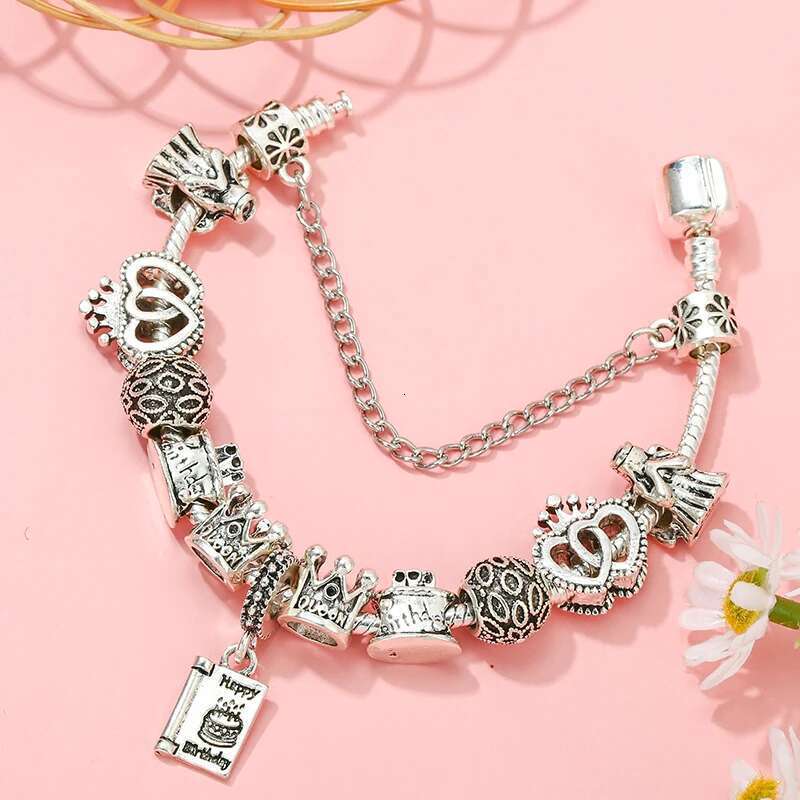 Silver Color Birthday Cake Pendant Charm Bracelet With Heart To Heart Beads Bracelets For WomenGirls Jewelry Gift Dropshipping