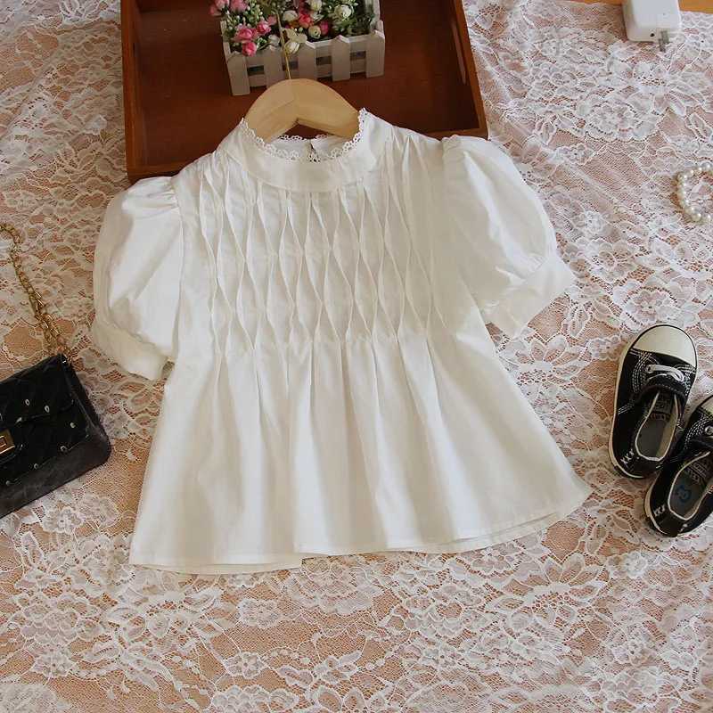 Girl Summer White Shirt Cotton Korean Lace Collar Top Preschool Fashion Childrens Short sleeved T-shirt 4 8 12 14 16T250320