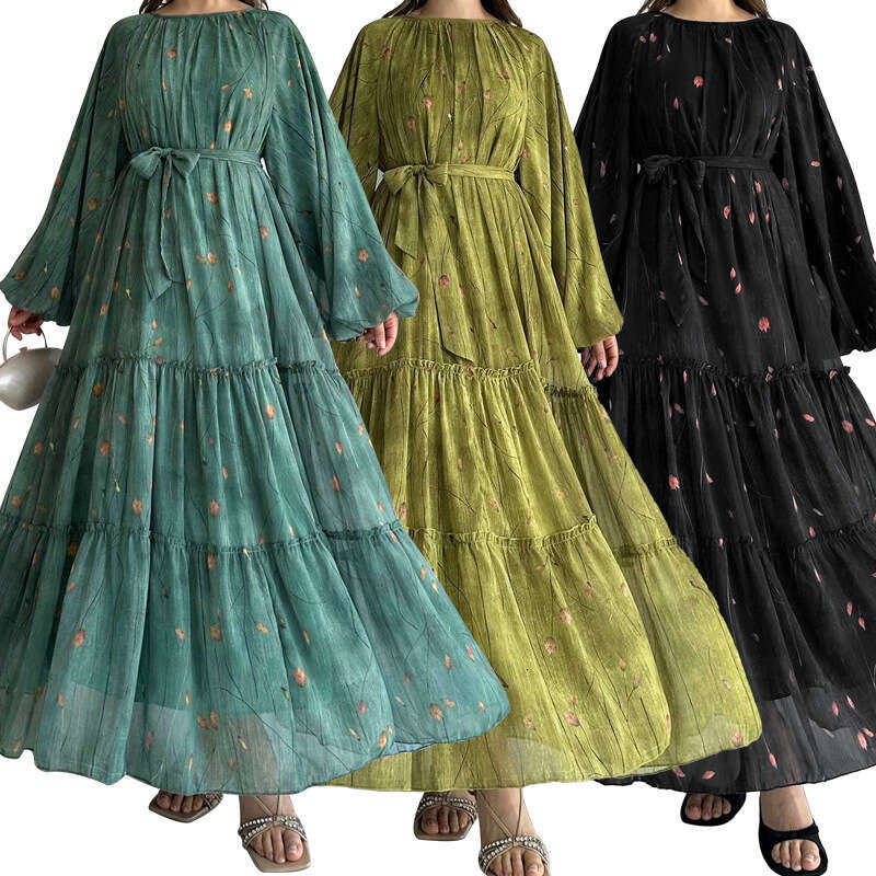 M2751 Women's New Muslim Chiffon Belt Robe Fashion Elegant Dress