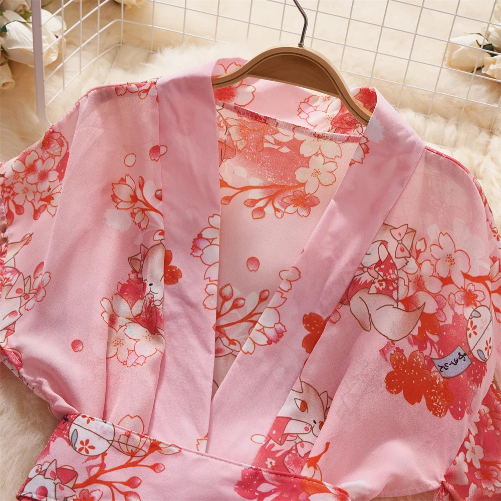 sweet Print Short Dress Sheer Sexy Kimono Slim Petal Sleeves Bathrobe Womens Secret Clothes Erotic Lingerie Pajama Nightwear 250319