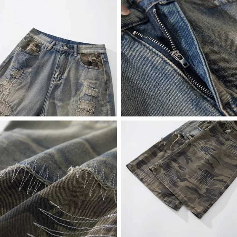 2024 Garbage Y2K Street Clothing Tear Stacked Bag Jeans Mens Clothing Camouflage Patch New Rock Hip Hop Cowboy Trojan HorseT250319