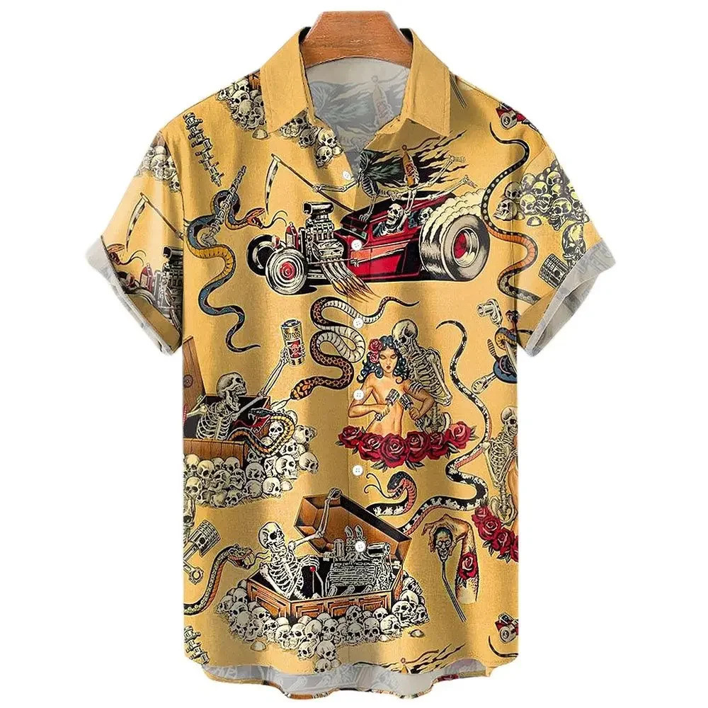 Mens sailboat skull print shirt Hawaii fashion casual rock print plus size top beach mens clothing 250318