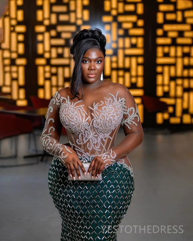 Plus Size Aso Ebi Prom Dresses 2025 Mermaid Prom Dress For Special Occasions Sheer Neck Long Sleeves Illusion Beaded Lace Birthday Second Reception Go