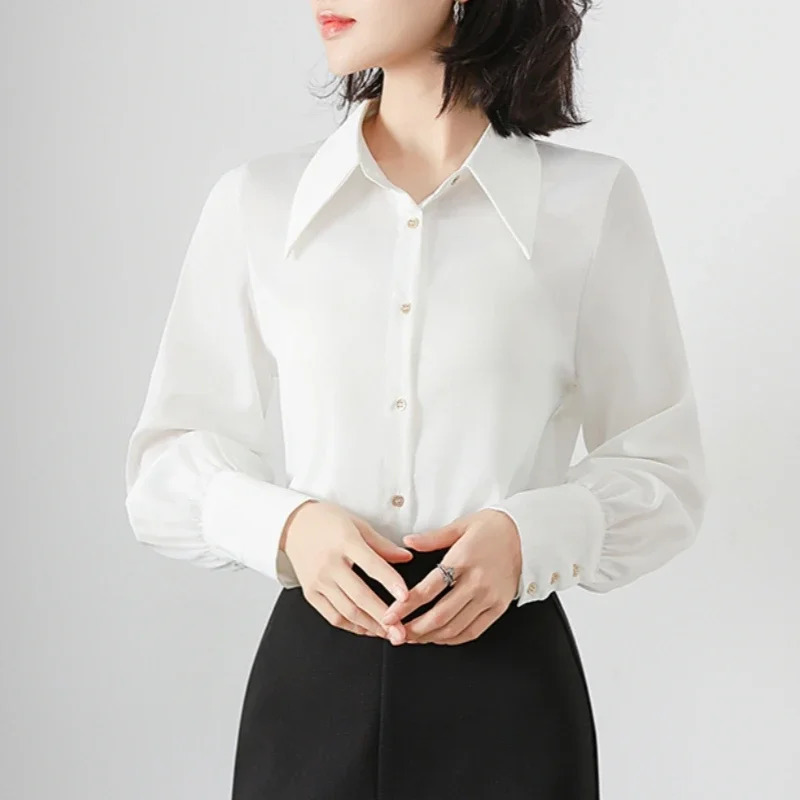 Spring Summer Satin White Womens Blouse 2025 Long Sleeve Elegant Korean Workwear Office Lady Casual Loose Shirts Female 250320