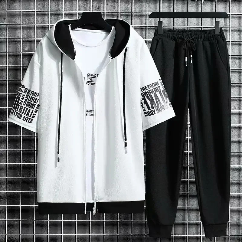 Set for Men Summer Mens Sports Suit 2-piece Print T-shirt Casual Hooded Quick Dry Running Long Pant Clothes Short Sleeve Shorts 250319