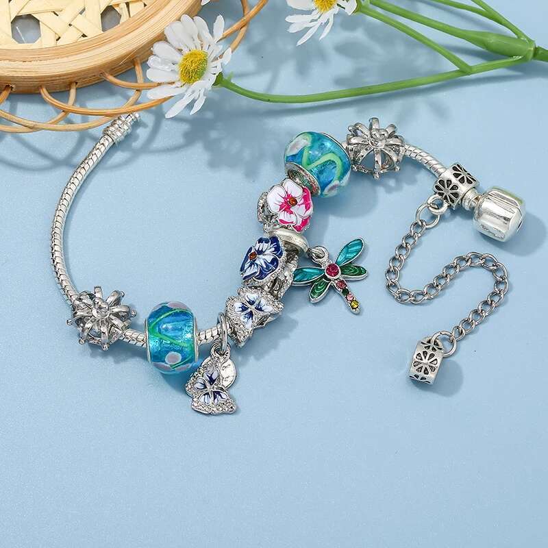 Cute Butterfly Dragoy Pendant Charm Bracelets With Pansy Beads Bracelet Bangles For Women Men Girls Jewelry Gift Dropshipping