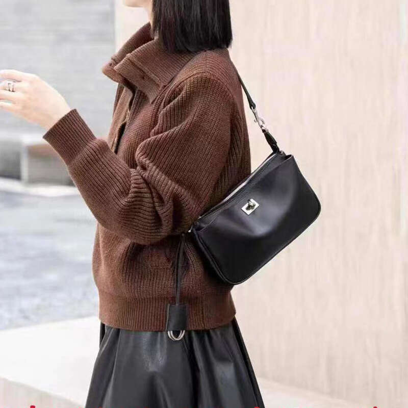 New Single Underarm Women's Genuine Leather Handheld Small Square Bag, Cross Shoulder Cowhide Stick Bag