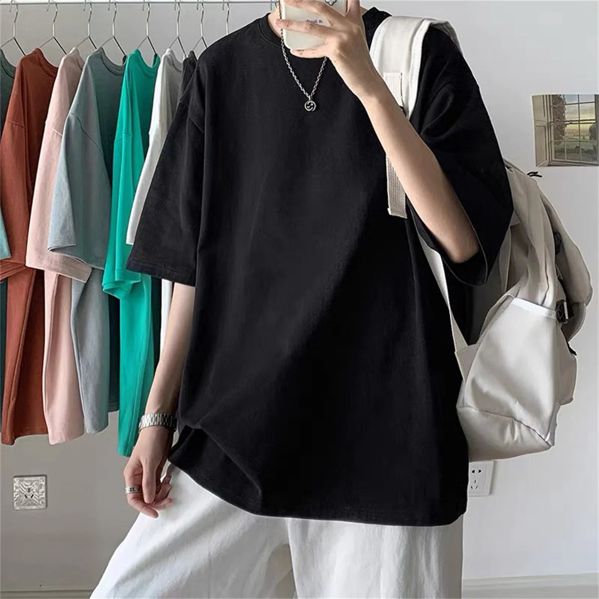 Fashionable solid polyester mens basic Tshirt casual oversized top highquality unisex short 250312