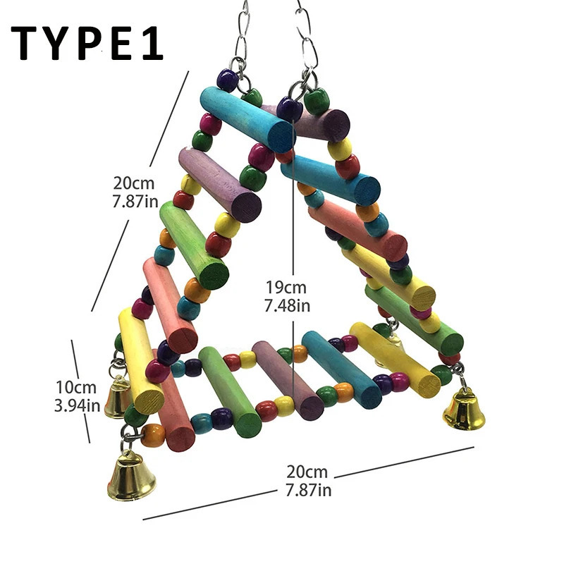 Wooden parrot hanging rainbow pendant training ladder toy with bell birdcage pet accessories suitable for large and small birds 250320