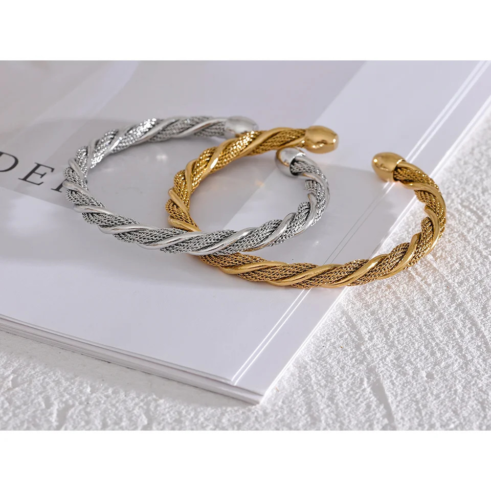 Yhpup Waterproof Stainless Steel Twisted Round Cuff Open Bracelet Bangle for Women Texture Metal Statement Jewelry Gift 250320