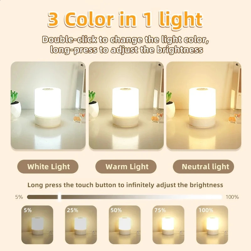 Touch Night Lamp 3 Modes Dimming Bedroom Bedside Lamp USB Charging Night Light Ambient Light Soft Light Table Lamp For Kids Gift 250319
