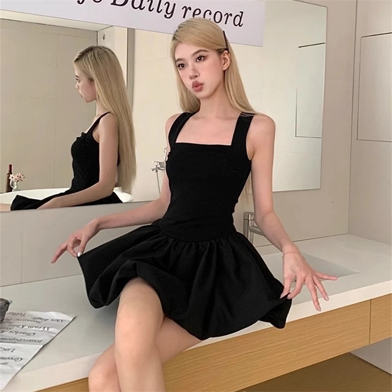 Women Solid Ruched Prom Mini Dresses Spicy Girl Party Suspender Bubble Dress Female Classic Birthday Waist Dress 250319