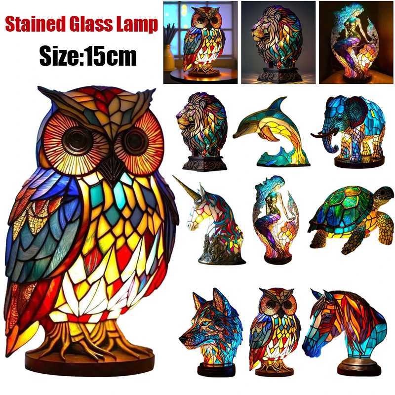 3D Animal Series Desk Lamp Decorative Night Desk Lamp Color Retro Colored Glass Elephant Owl Cat Style Desk Lamp Z250320