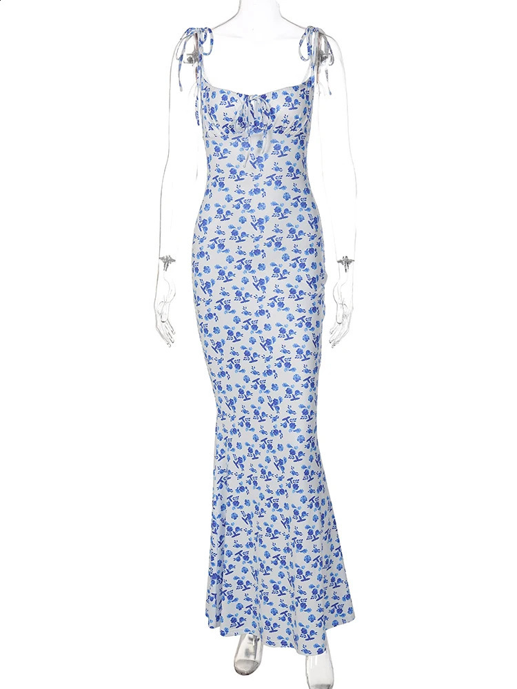 Hugcitar Floral Print Sleeveless Backless Slips Lace Up Maxi Dress Sexy Bodycon Summer Elegant Outfits Holiday Party Wholesale 250319