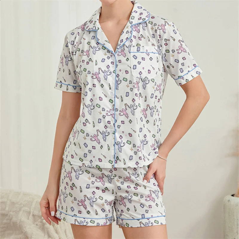 Womens Preppy Sheep Monkey Print Pajamas Aesthetic Cute Pjs Y2k Two Piece Pajamas Shorts Pj Shirts Sets Sleepwear 250319