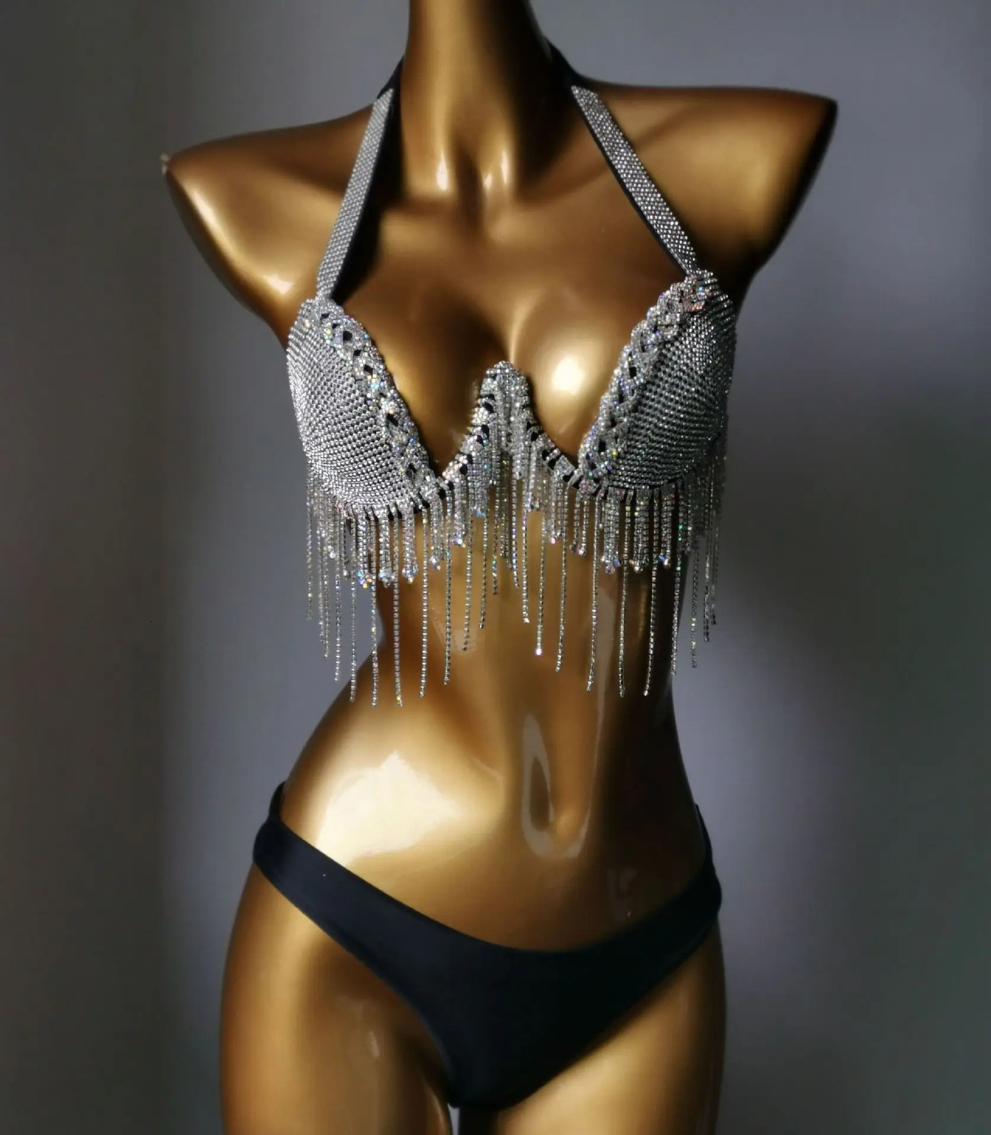 Diamond Fringe Bikini Summer Nightclub Fashion Backless Sequin Fringe Deep V Two-piece Burst Glitter Halter Bikini Set 250317