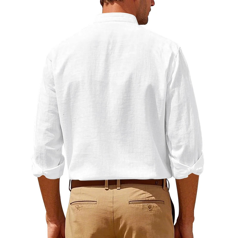 2025 Spring and Autumn Linen Shirt Long Sleeve Stand Collar Breathable Casual Mens Chinese Pocket Shirt 250320