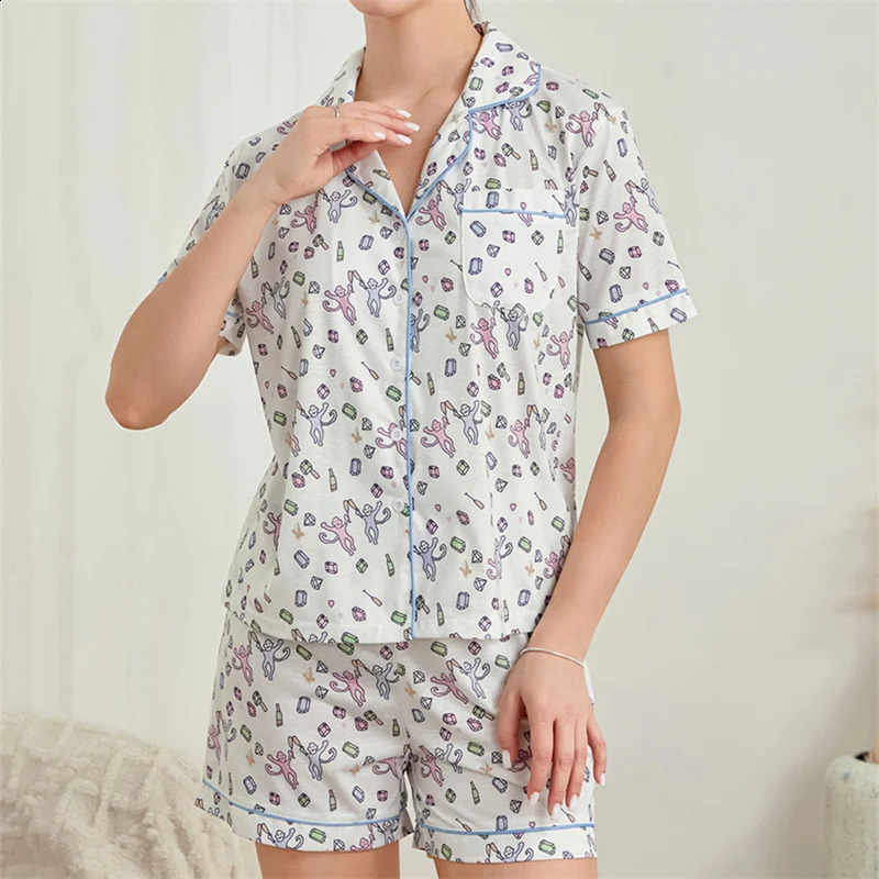 Womens Preppy Sheep Monkey Print Pajamas Aesthetic Cute Pjs Y2k Two Piece Pajamas Shorts Pj Shirts Sets Sleepwear 250319
