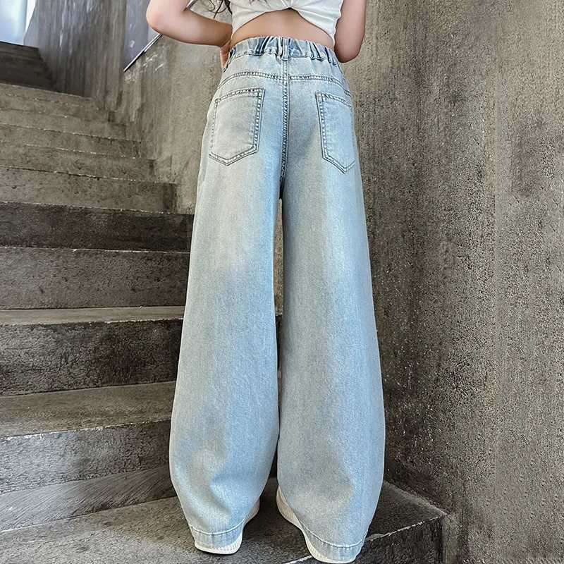 2024 Teen Girls Wide Leg Jeans Children Girls Heart Embroidered Denim Pants Childrens Jackets Pants Girls Clothing 4-12 YearsT250326