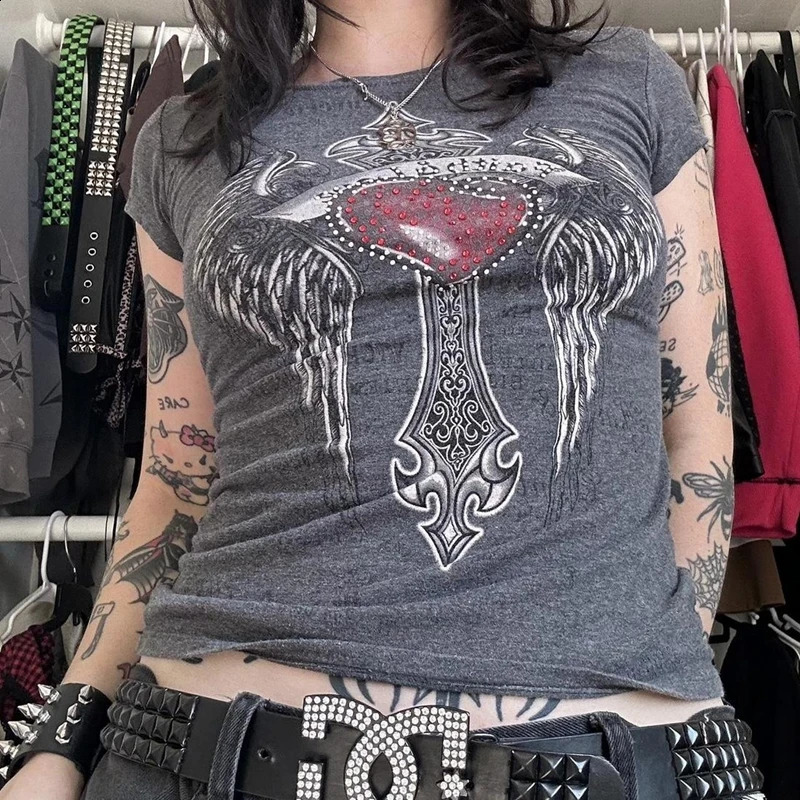 2000s Retro Y2K Cybery Grunge Emo Baby Tees Rhinestone Graphic Print T-shirt Japanese Harajuku Mall Goth Short Sleeve Crop Tops 250319