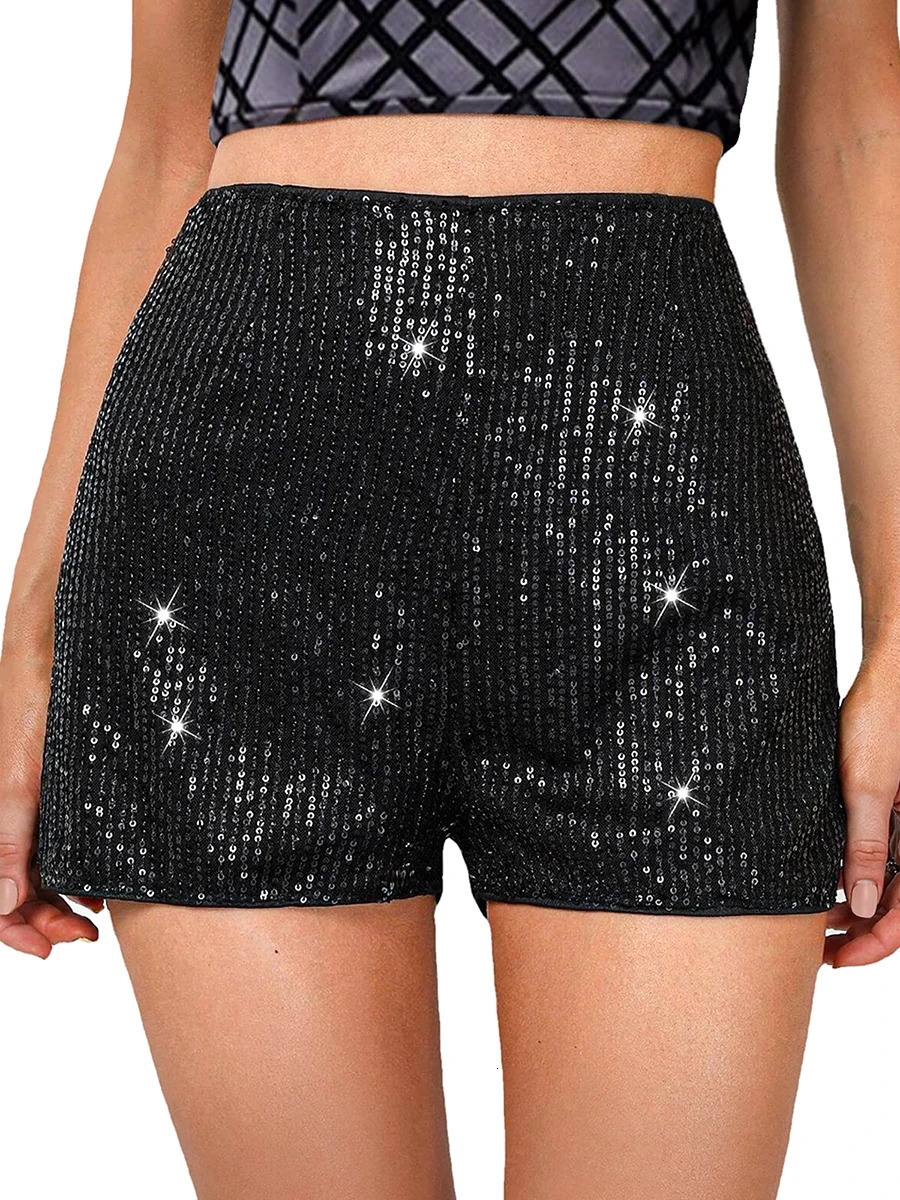 Women Summer Sequins Shorts Mid Waist Elastic Band Sparkly Straight Leg Shorts Glitter Short Pants for Party Club Streetwear 250320