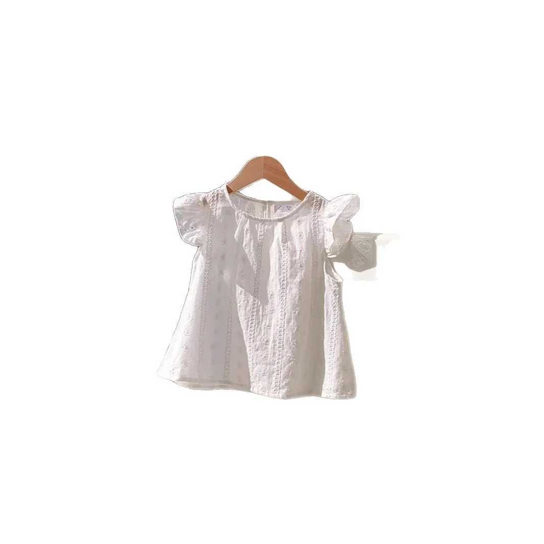 Girls summer lotus leaf lace short sleeved T-shirt suitable for children white childrens clothing toddler clothing baby clothingT250320