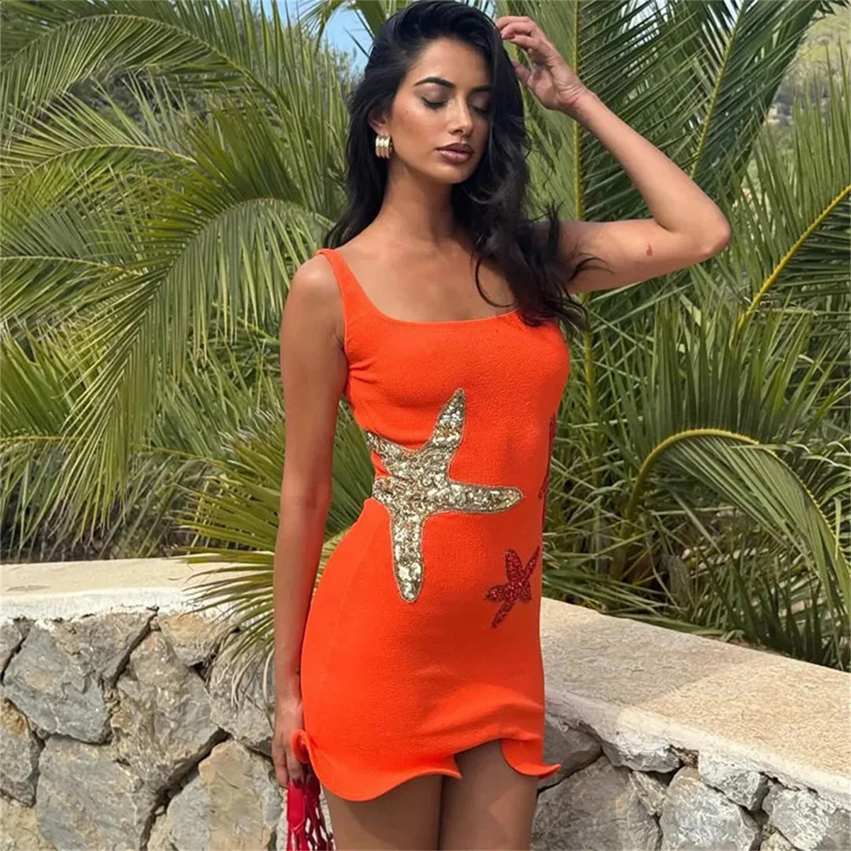 Fashion Sparkling Star Printed Ruffle Womens Mini Dress Elegant Sleeveless Ruffle Ball Dress Womens Party Dress Style 250317