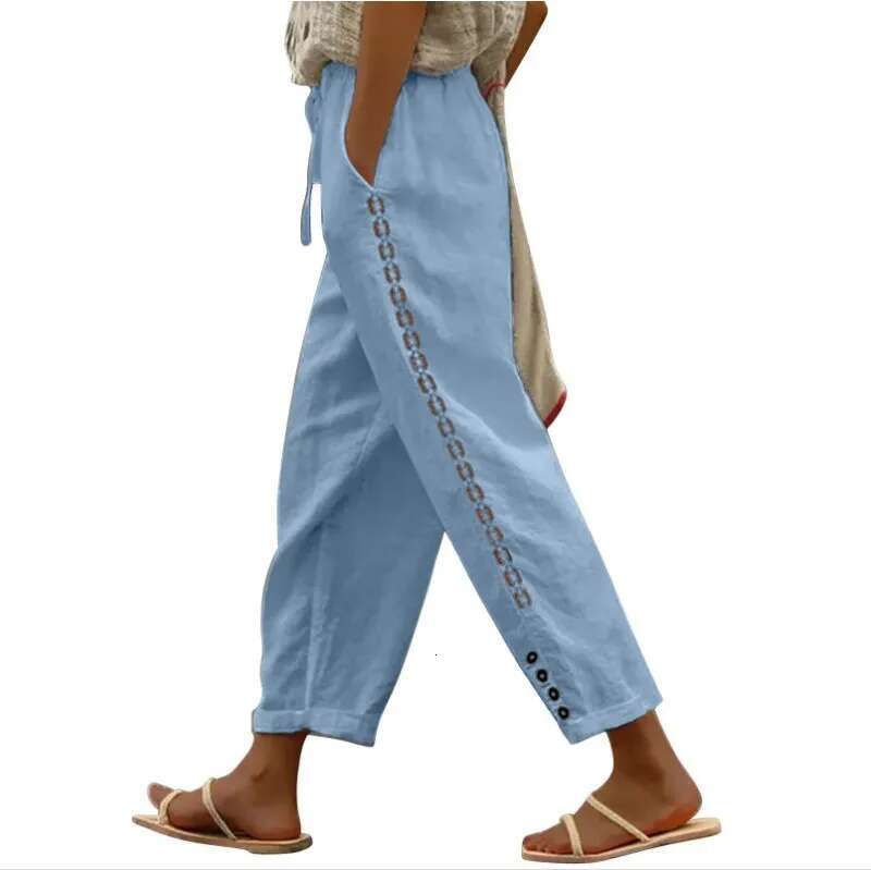 Women Fashion Embroidered Lace Trousers Vintage Lace-Up Pockets Summer Elegant Loose Elastic Waist Long Pants Streetwears