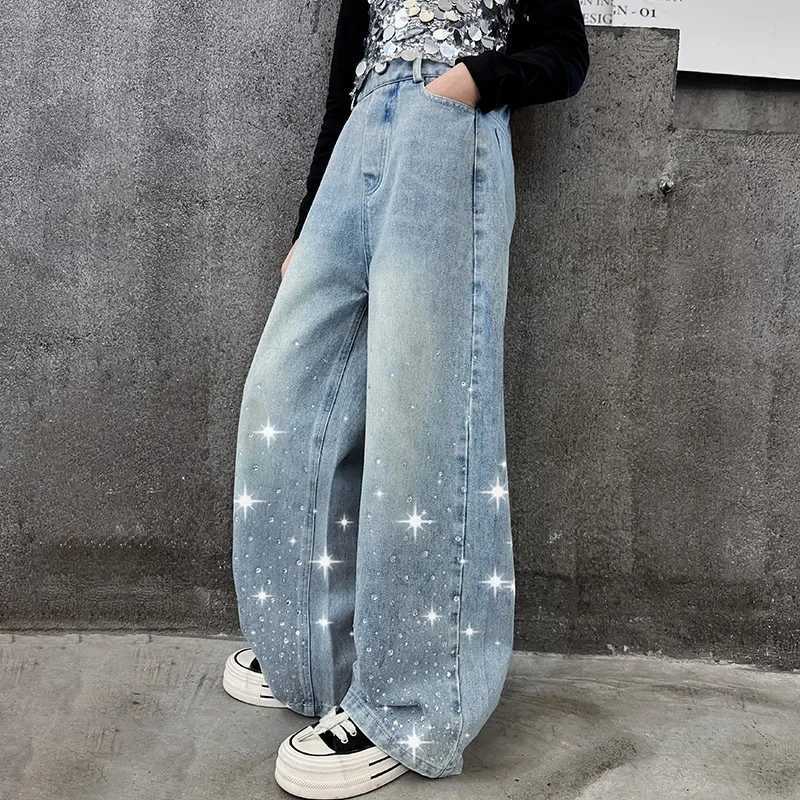 Girls outfit Spring 2024 new sequined jazz top with diamond Star denim pants fashion runway wear Kids Straight Wide Leg TrousersT250326