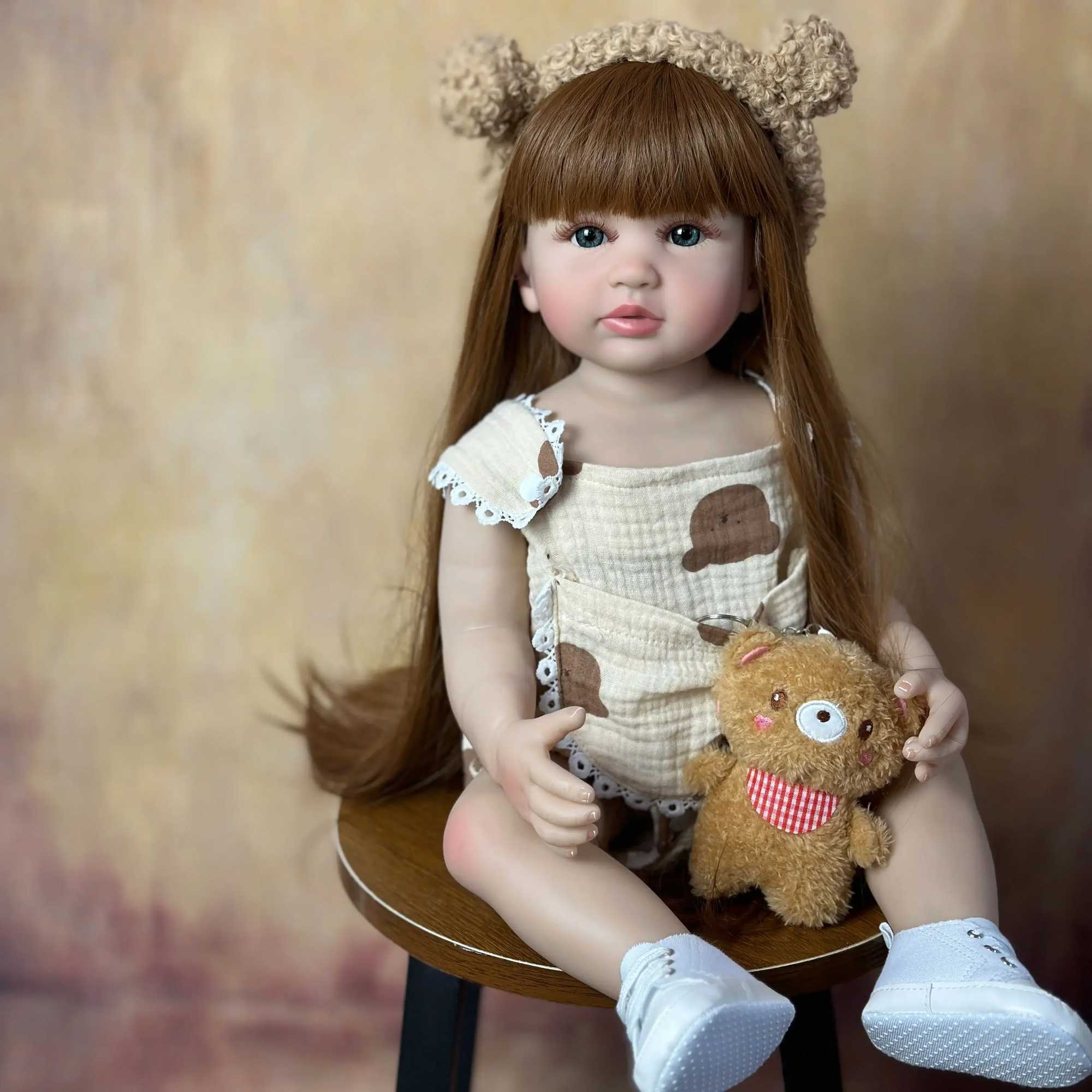 BZDOLL Lifelike 55cm 22 inch Regenerated Baby Doll Toy All Silicone Body Brown Long Hair Newborn Princess Baby Cute Gift W250320