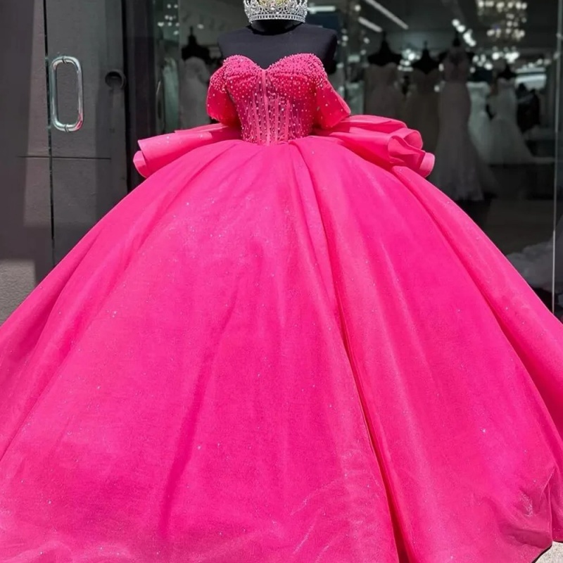Rose Red Shiny Princess Ball Gown Quinceanera Dresses Off The Shoulder Crystals Beading Bow Tull Sweet 16 Dress vestidos de 15 anos