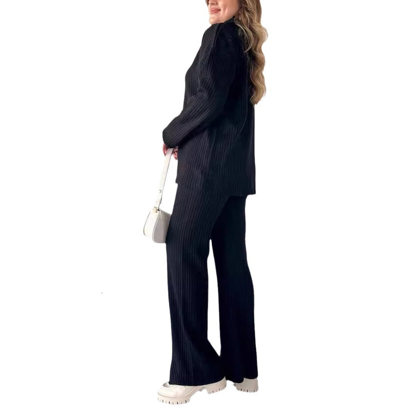 2025 Spring New Women's Solid Color Zipper Knitted High Collar Pit Strip Home Clothes Two Piece Set