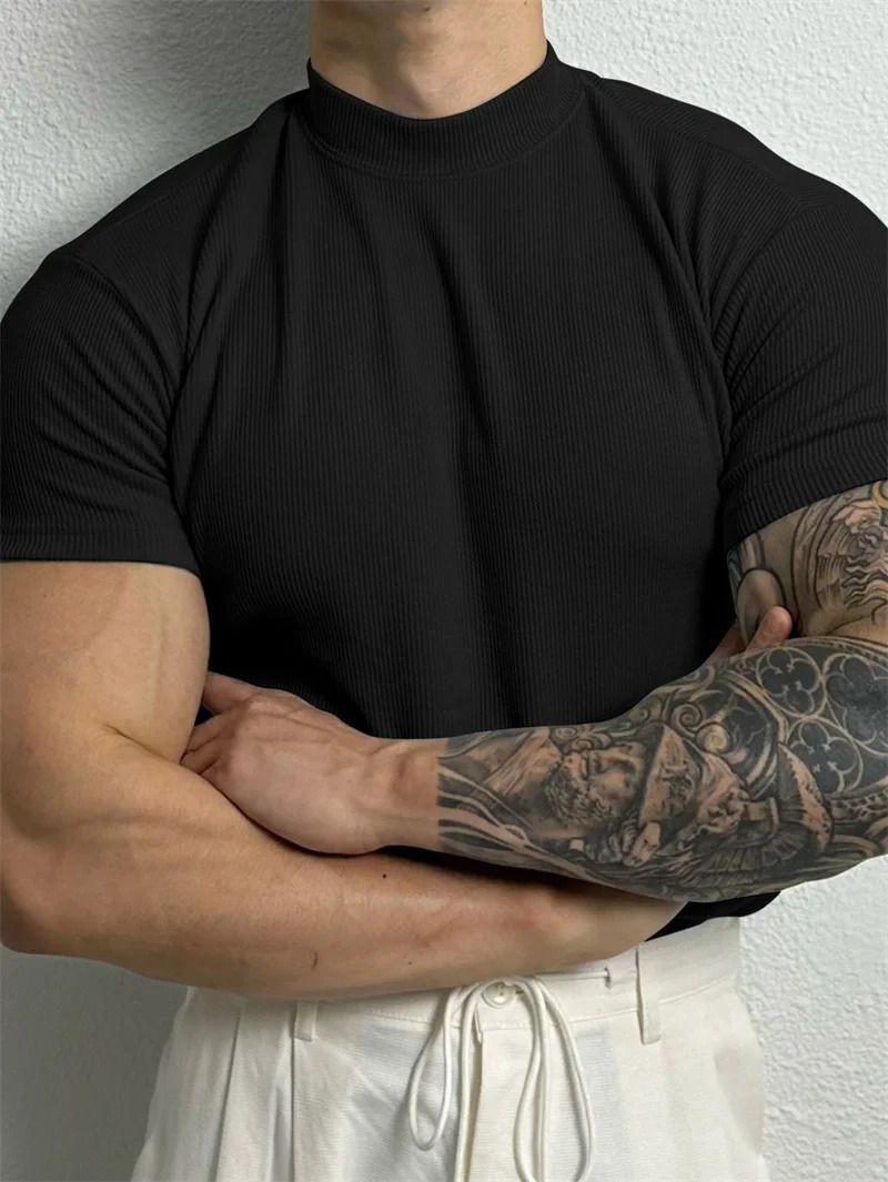 Spring and summer fashion mens Tshirt small high neck striped short sleeved fitness top casual sports shirt 250320