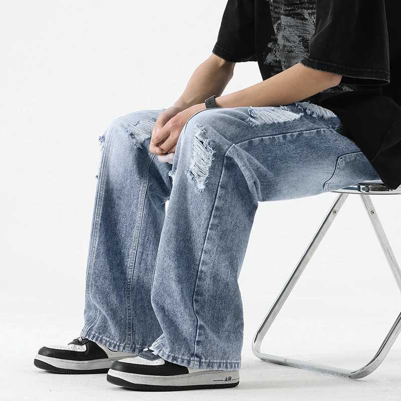 Mens summer ripped jeans loose straight leg retro mens drawstring port fashion brand fully matched casual pantsT250319