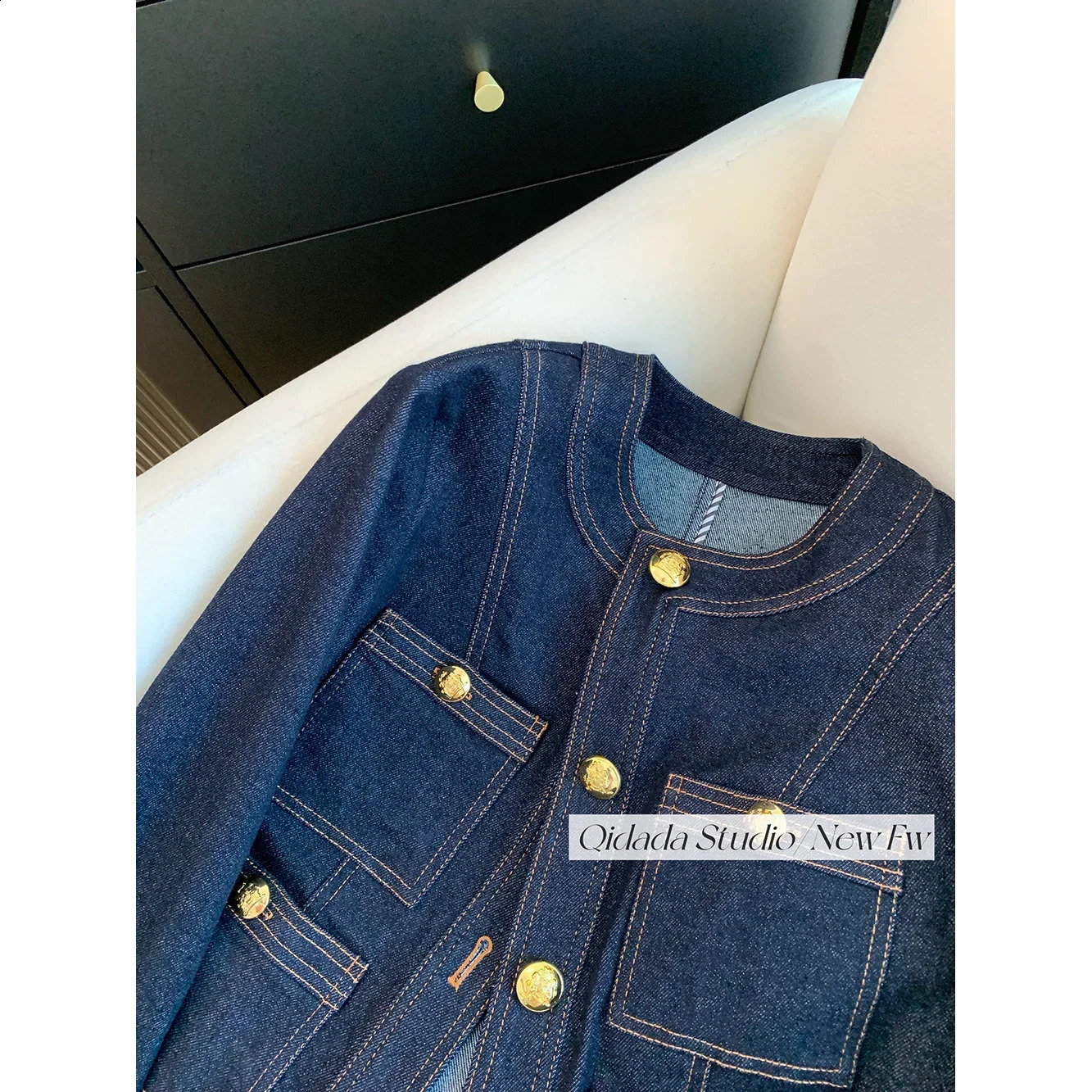 Blue round neck classic style denim jacket womens clothing spring/summer high-end short sleeved retro loose temperature 250317