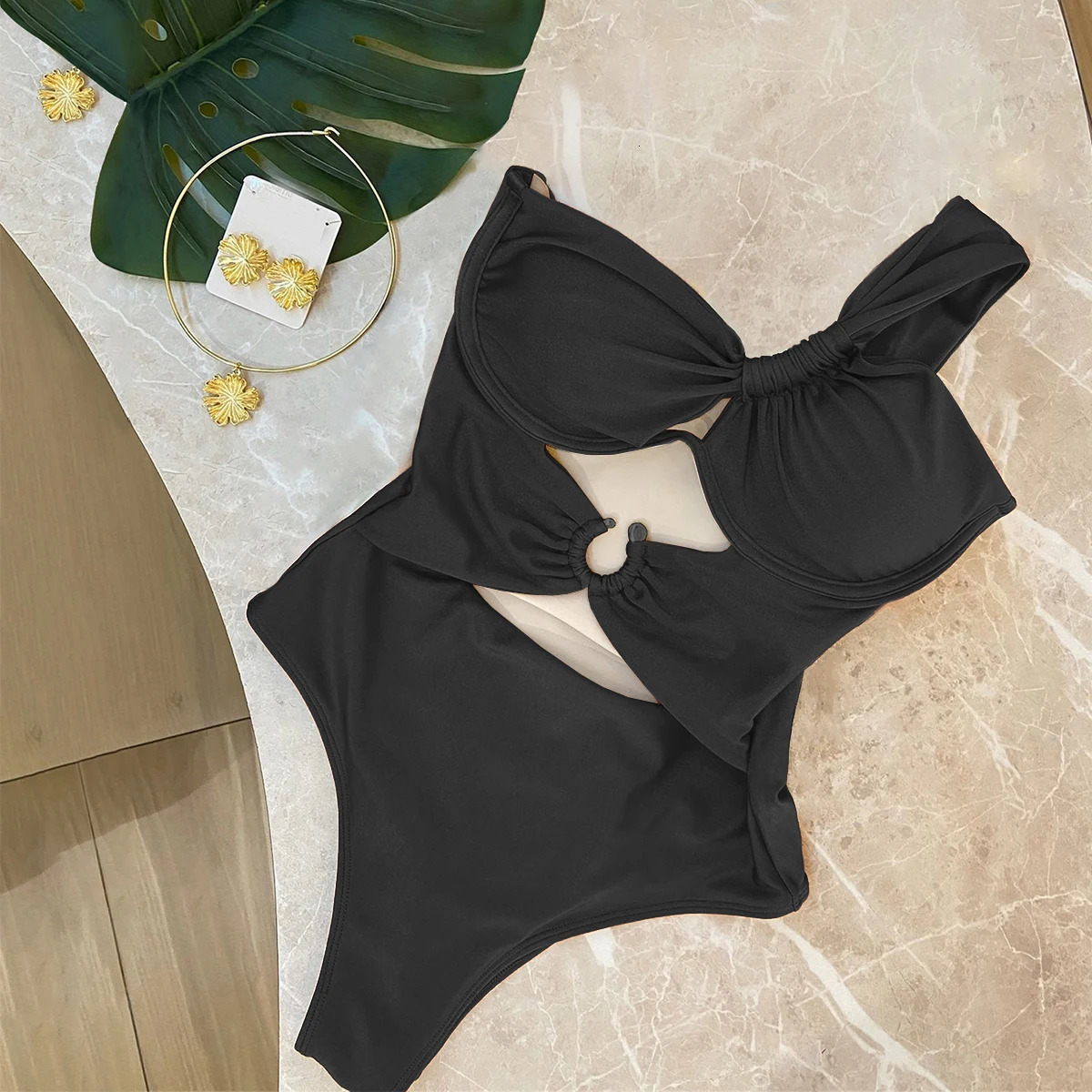 Single shoulder swimsuit womens 2025 sexy bikini Biquini hollow cut 250320