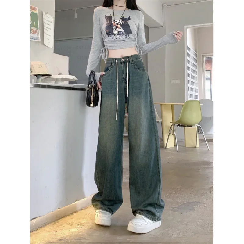 Autumn Plus Size Elastic Waist Slimming Vintage Wide Leg Jeans For Plump Women Casual Comfortable Stretch Denim 250319
