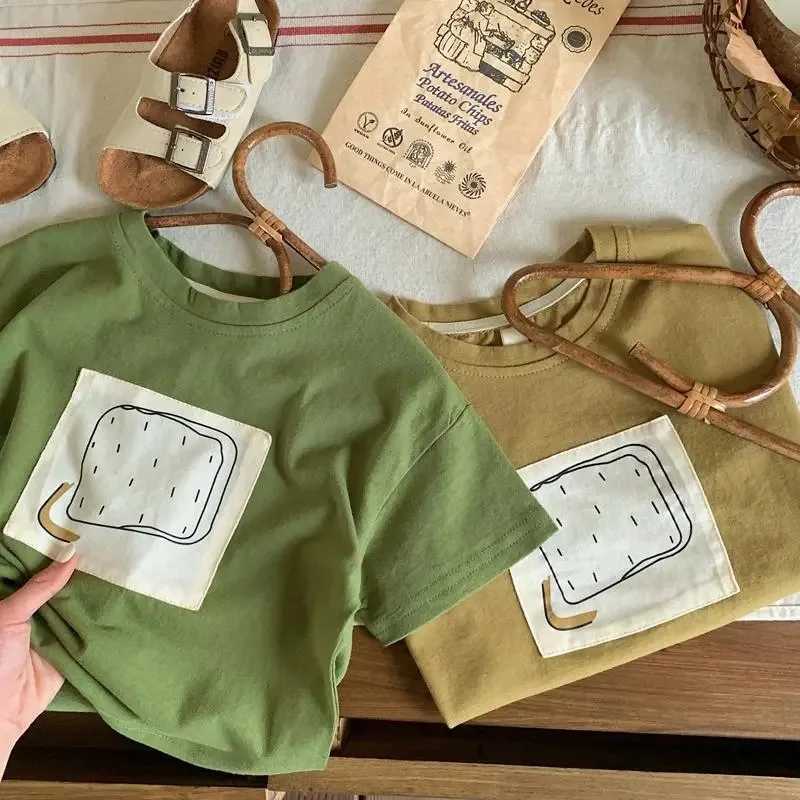 Childrens Short sleeved T-shirt 2025 Summer New Cotton Baby Boys and Girls Casual Patch Youth Loose Casual Top Childrens ClothingT250320