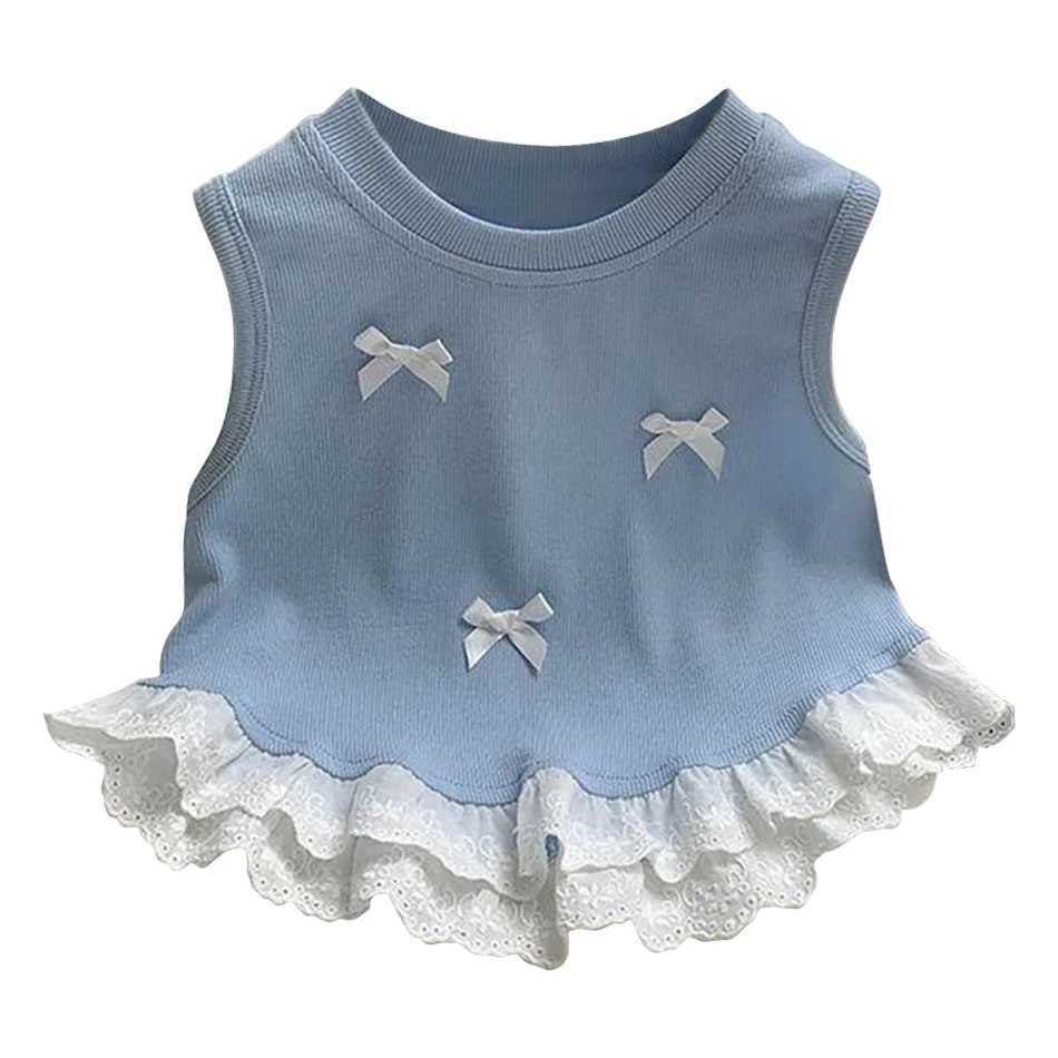 New girl wearing short sleeved butterfly bow details floral lace border sweet T-shirt for summer top Japanese style paradigm childrens clothingT250320