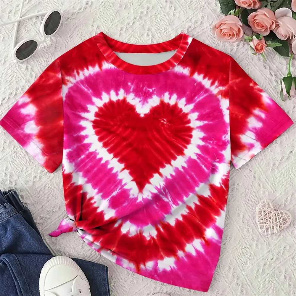 Valentines Girl Clothes Heart 3D Printed Fashionable Childrens Girl T-shirt Short sleeved Dress for Girls Aged 12 to 14T250320