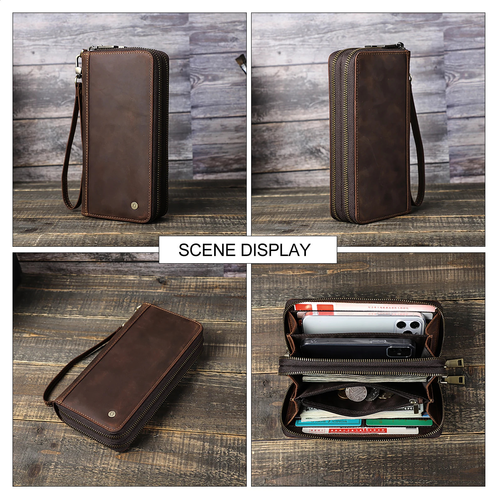 ContactS Genuine Leather Mens Wallet Clutch Bag Card Holder Long Wallets Double Zipper Large Capacity Vintage Male Purses 250317