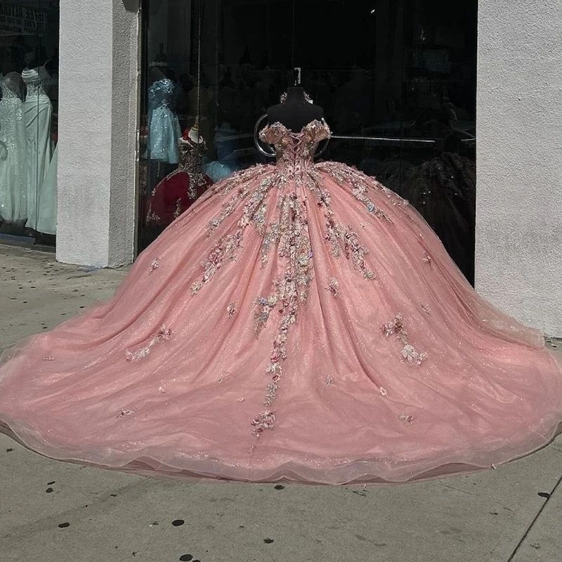 Luxury Pink Shiny Quinceanera Dressess Off The Shoulder Applique Lace Beads Tull vestido 15 De Anos Birhtday Party Lace Up Sweet 16 Dress