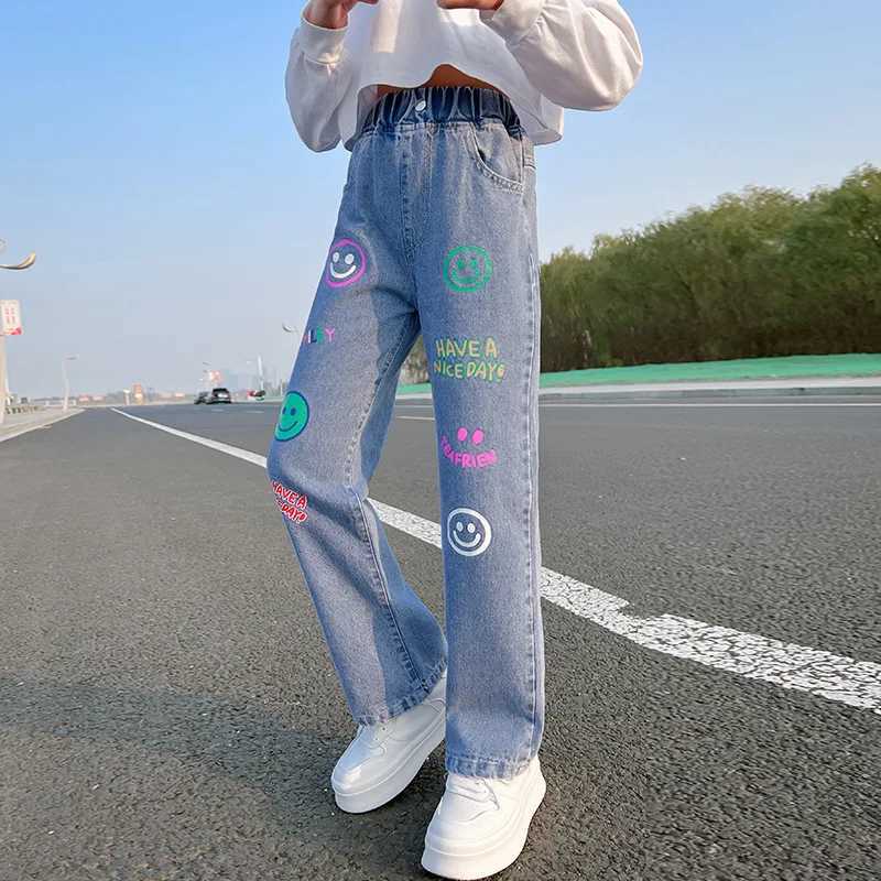 New Girls Jeans Wide Leg pants Straight Cotton Children Ripped Jeans Loose Denim Trousers Fashion Kid Big Girls ClothingT250326
