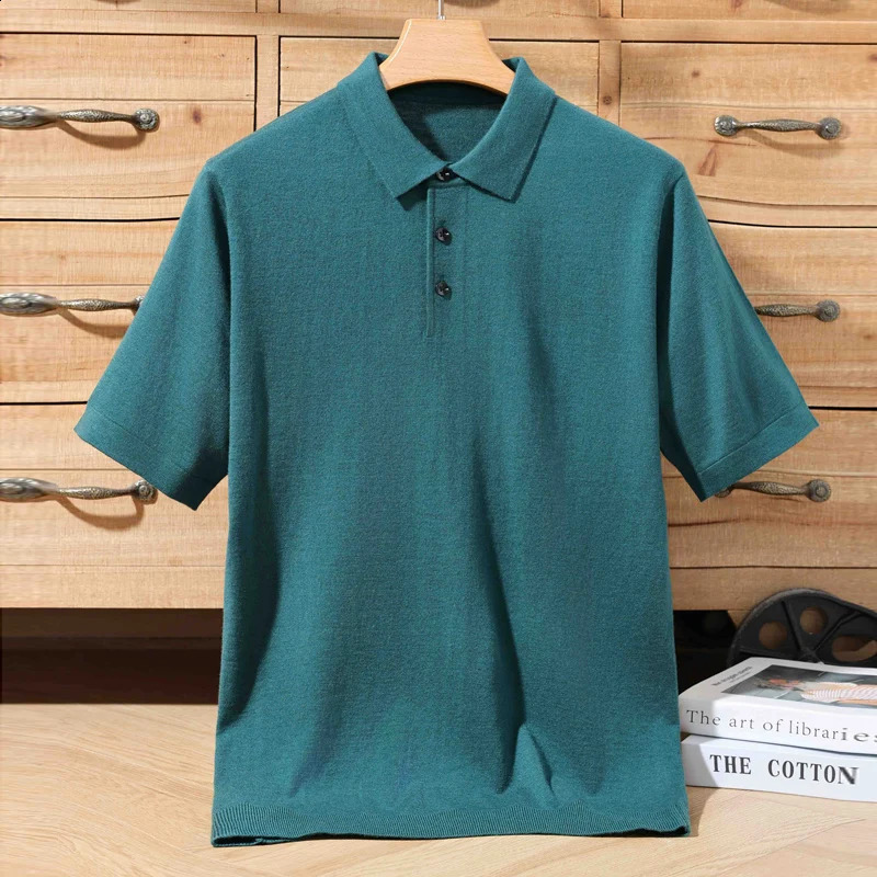 Mens Short Sleeved Polo Collar T-Shirt Wool Silk Tees Pullover Knitted Shirt Casual Tops Monochromatic Spring Summer 250317