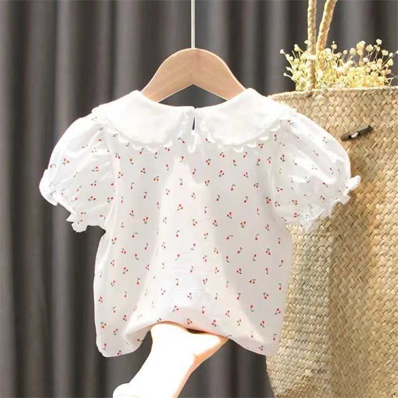 New 2024 Summer Girls T-shirt Cherry Pattern Short Sleeve Ruffle Collar T-shirtT250320