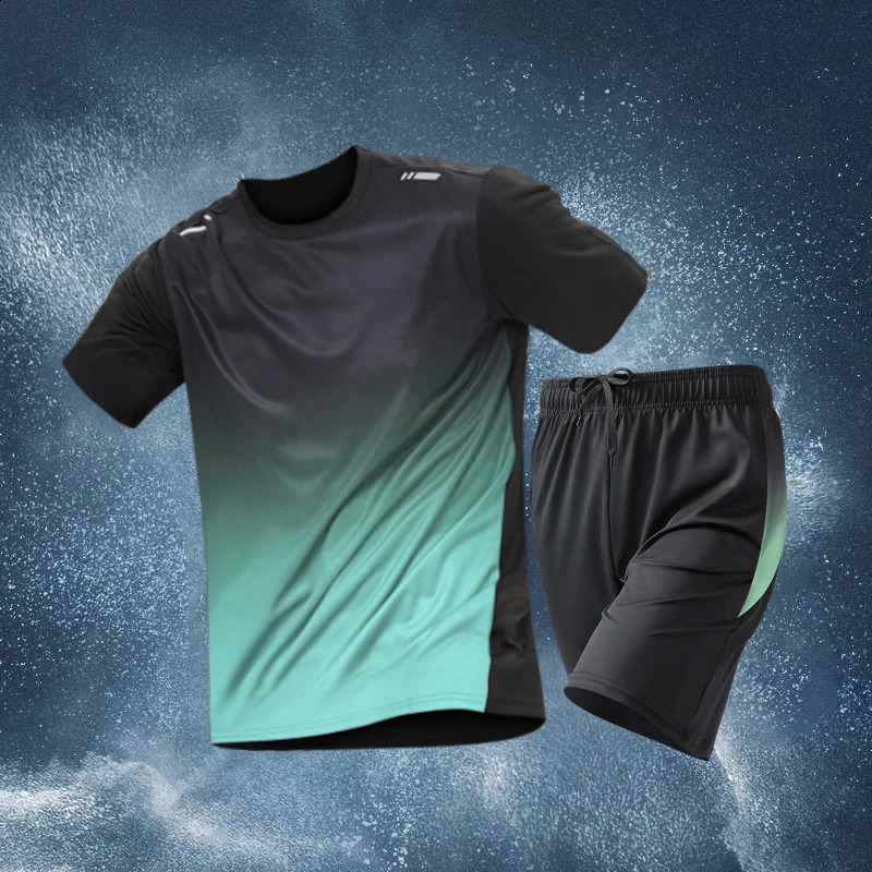 2-piece Mens Summer Basketball Training Running Outfit Set Gradient Short Sleeve T-shirt Quick-drying Shorts Set 250319