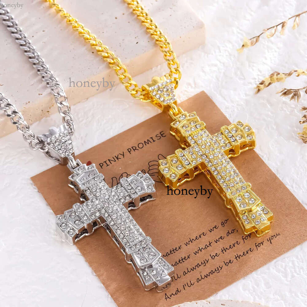 Hip Hop Cross Pendant Religious Charm Gold Sier Full Ice Out Crystal Neckalce Simulated Dias Catholic Crucifix Necklace With Cuban Chain Jewelry