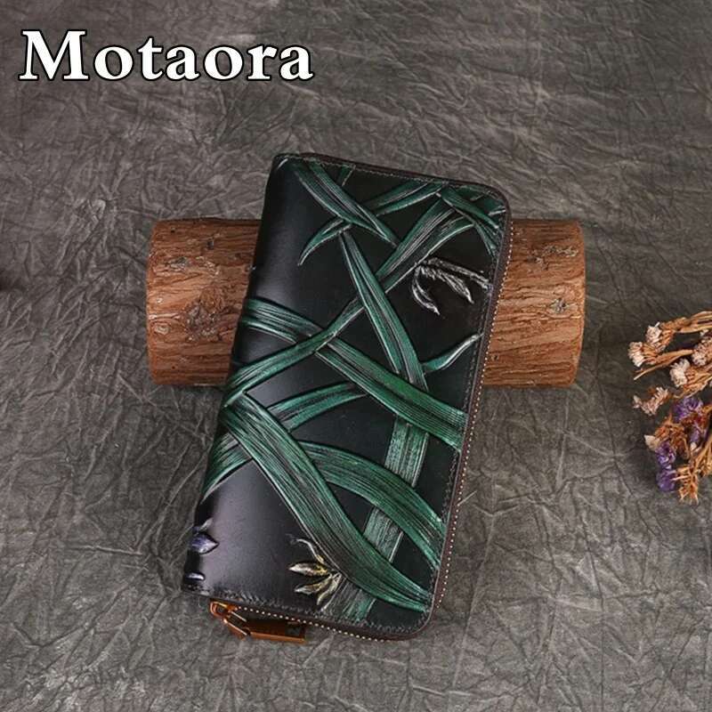 MOTAORA Women's Wallet 2025 New Vintage Handmade Emed Genuine Leather Card Wallets Holder For Women Cowhide Long Purses Bag