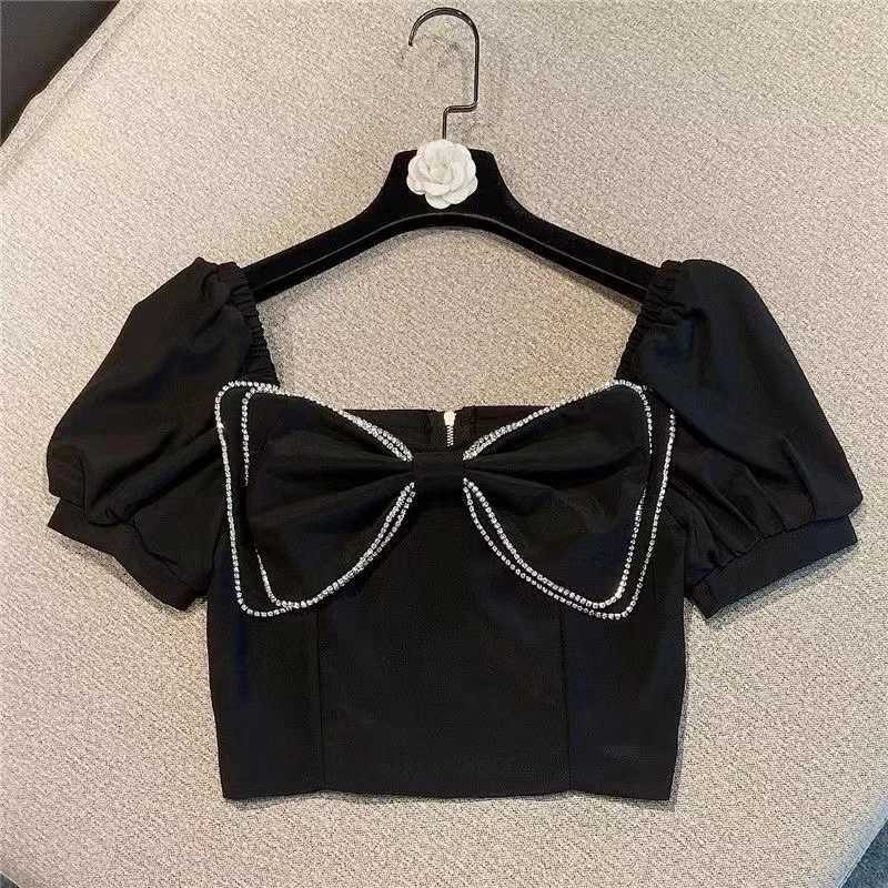 Womens Summer New Korean Puff Shirt Square Collar Bow Fashion Short Top 2024 Sweet Childrens ClothingT250320