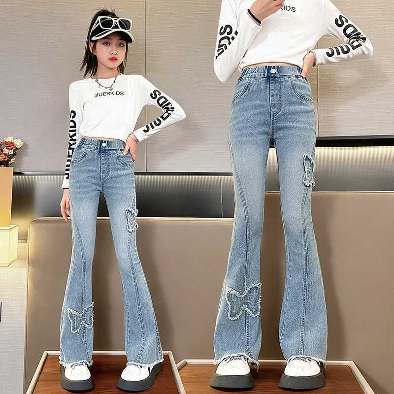 2024 Spring Autumn Fashion Jeans for Girls with Butterfly New Arrvial Kids Vintage Tight Denim Flare Pants Teenage Slim TrousersT2502320